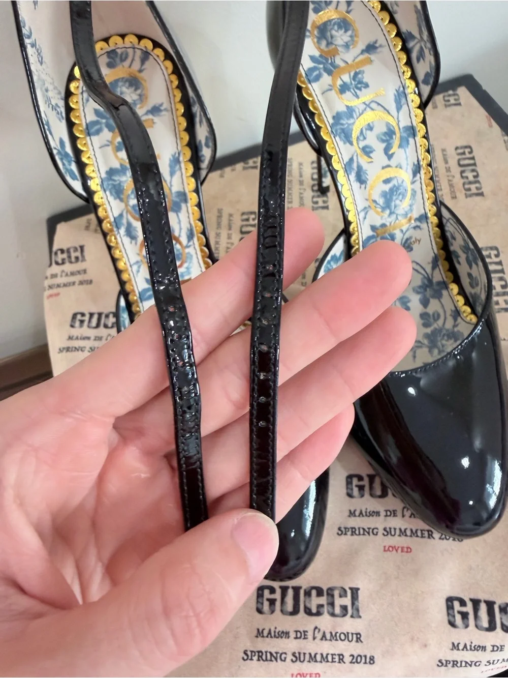 Gucci Daisy Black Patent Leather Ankle Strap Pumps - Size 38 (Pristine)